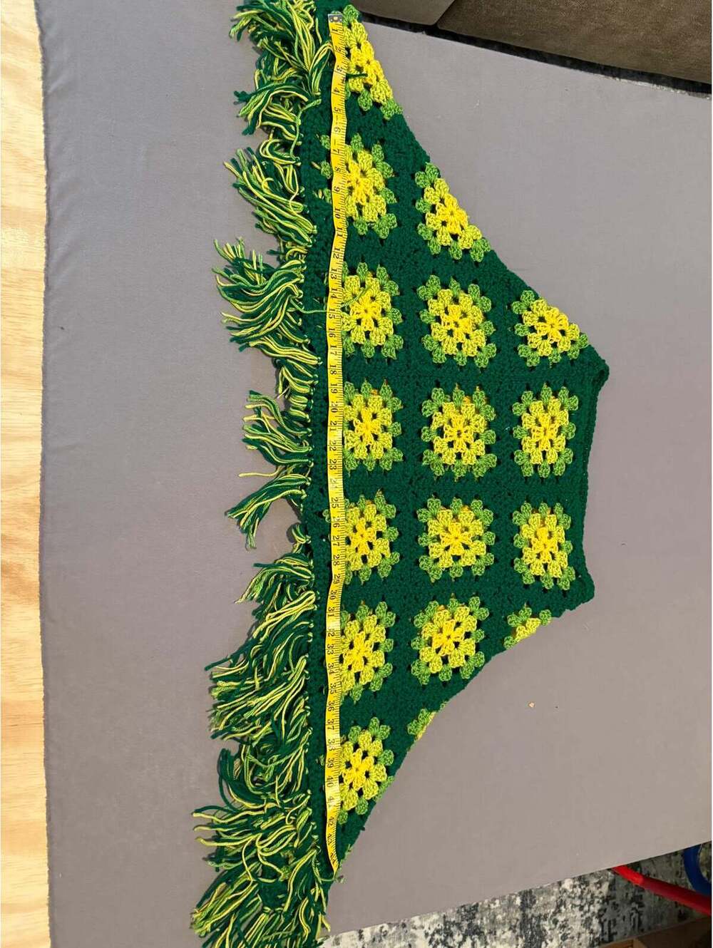 Vintage 1970s Handmade Crochet Granny Square Shawl – Green & Yellow Wrap